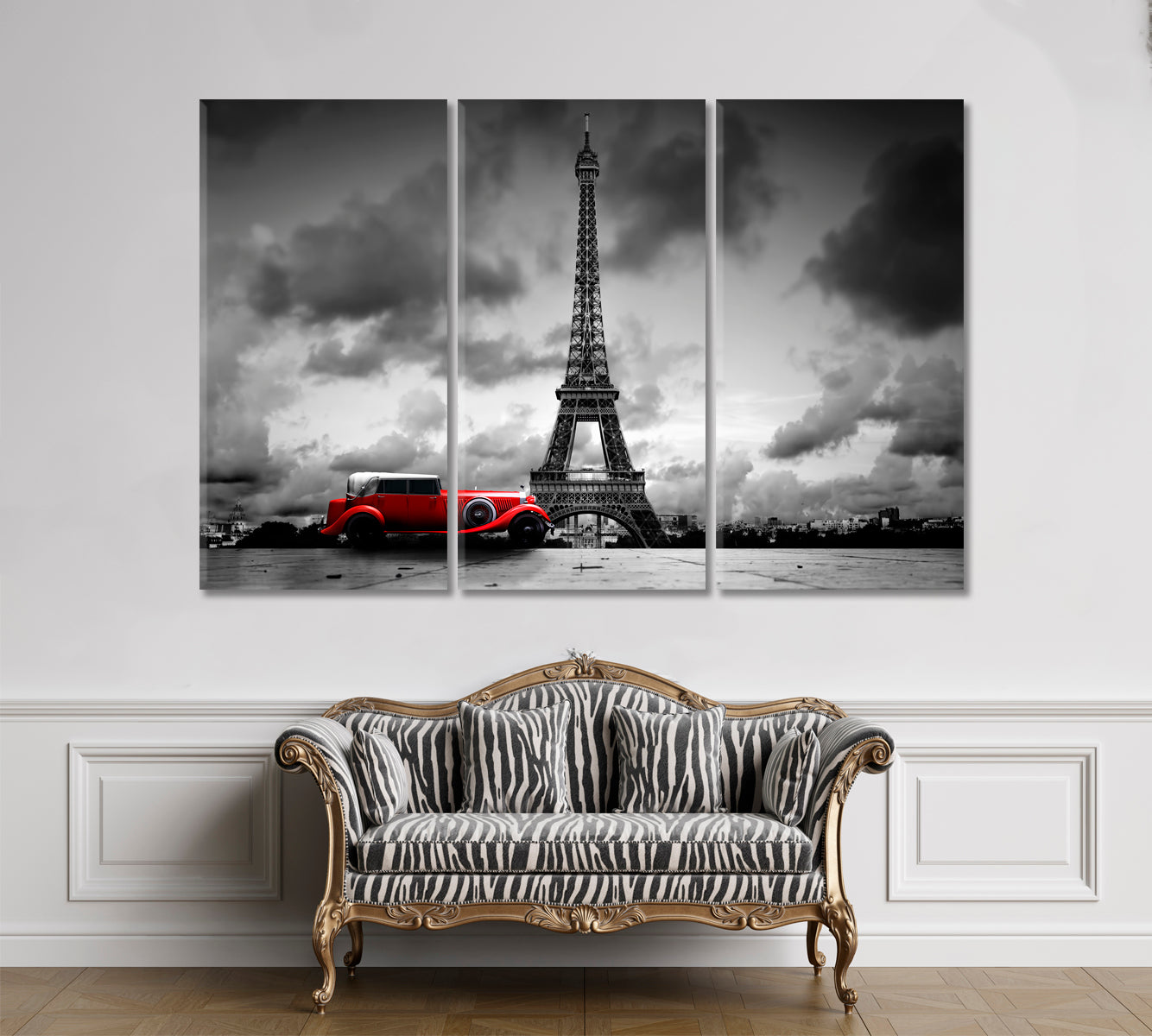 Eiffel Tower Paris France Red Retro Car Black and White Vintage Artistic Black and White Wall Art Print Artesty   