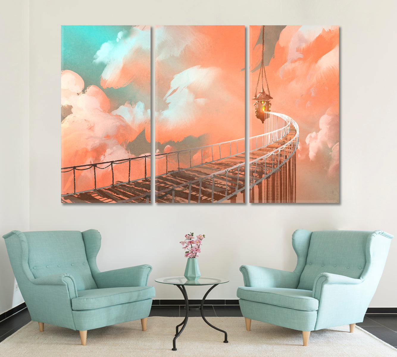 Mystical Surreal Coral Clouds Rope Bridge Hanging Lamp Surreal Fantasy Large Art Print Décor Artesty 3 panels 36" x 24" 