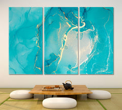 Bright Sky Blue Abstract Marble Veines Fluid Art, Oriental Marbling Canvas Print Artesty 3 panels 36" x 24" 