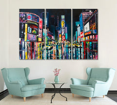 New York Night View Times Square Painting Cities Wall Art Artesty 3 panels 36" x 24" 