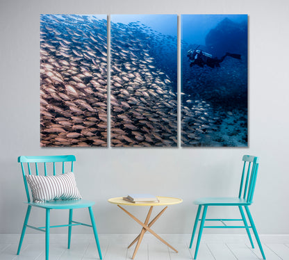 Divers Large School Fish Coral Reef Sea Bottom Nautical, Sea Life Pattern Art Artesty 3 panels 36" x 24" 