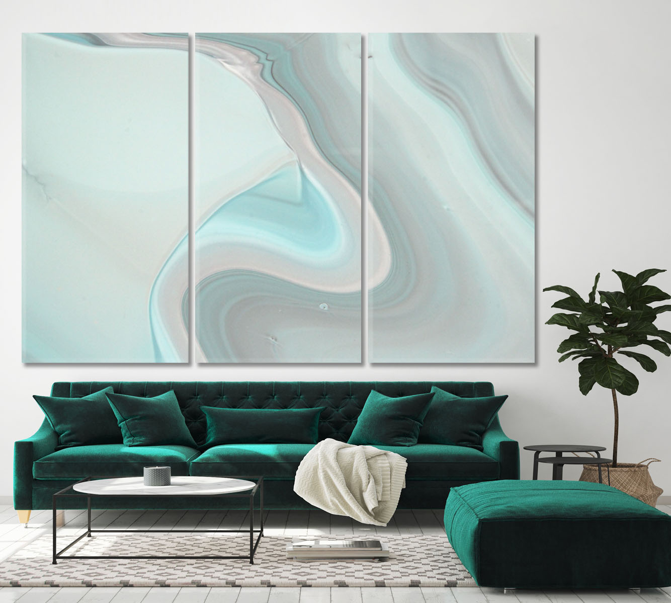 Mint Green Light Marble Design Acrylic Color Mix Fluid Art, Oriental Marbling Canvas Print Artesty 3 panels 36" x 24" 