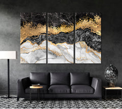 Marble Black White Gold Abstract Contemporary Decorative Marbling Pattern Giclée Print Fluid Art, Oriental Marbling Canvas Print Artesty 3 panels 36" x 24" 