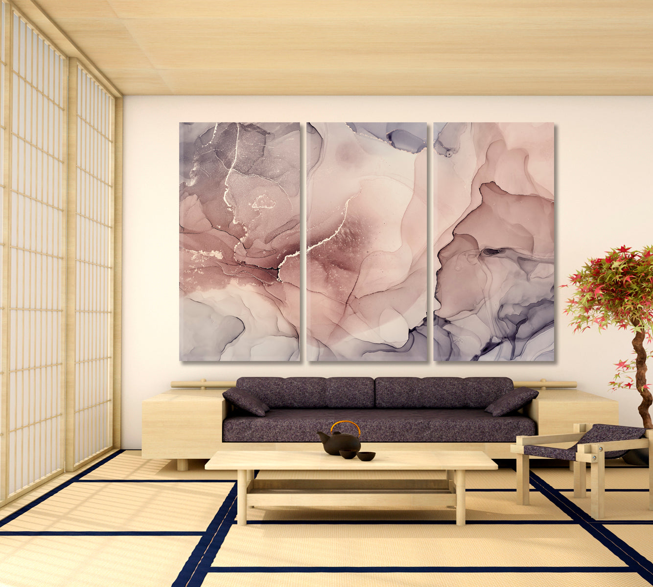 Soft Mix Purple Maroon Plum Red Jewel Tones Color Ink Marble Veins Fluid Art, Oriental Marbling Canvas Print Artesty 3 panels 36" x 24" 