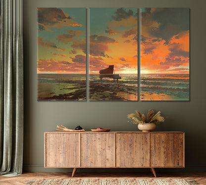 SURREAL DREAMLIKE Piano On The Beach Unreal Sunset Artistic Artwork Surreal Fantasy Large Art Print Décor Artesty 3 panels 36" x 24" 