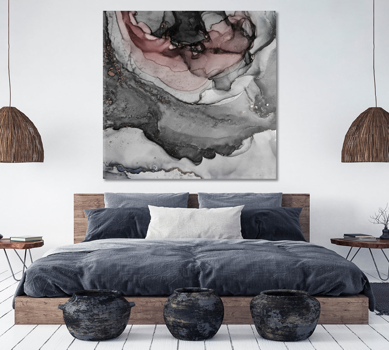 Modern Gray Marble Mystery Elegant Liquid Ebru Art Fluid Art, Oriental Marbling Canvas Print Artesty 1 Panel 12"x12" 