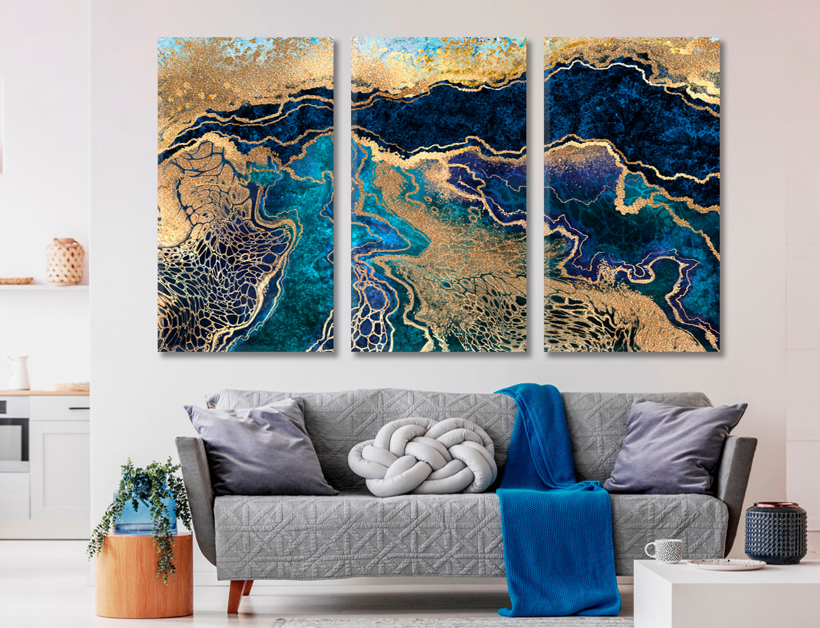 BLUE GOLD MARBLE Abstract Swirls Natural Luxury Style Fluid Art, Oriental Marbling Canvas Print Artesty 3 panels 36" x 24" 