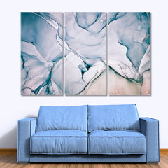 Pastel Blue Marble Veins Fluid Art, Oriental Marbling Canvas Print Artesty 3 panels 36" x 24" 
