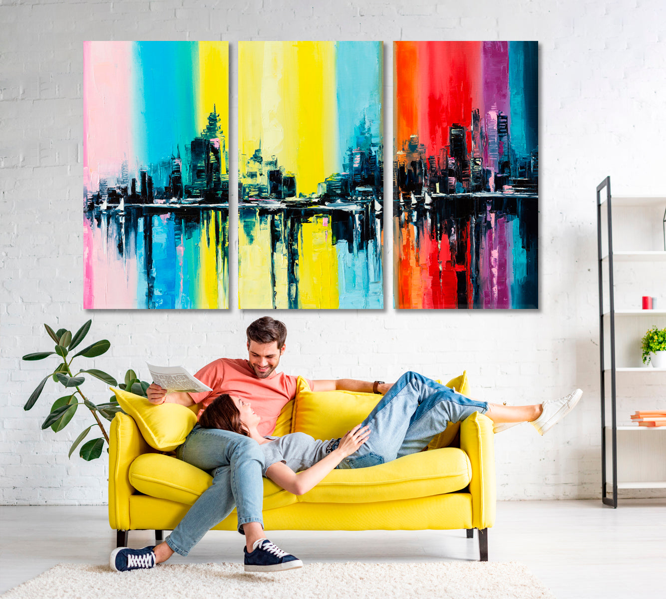 RAINBOW  Abstract Fantasy City Urban Contemporary Style Abstract Art Print Artesty 3 panels 36" x 24" 