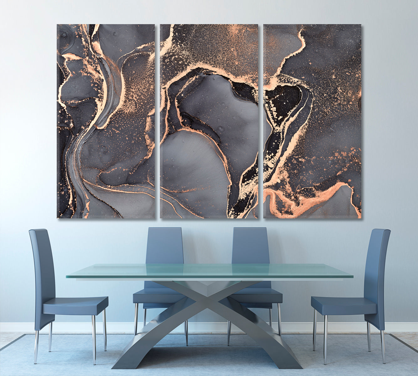 Gray Marble Natural luxurious Abstract Fluid Ink Painting Fluid Art, Oriental Marbling Canvas Print Artesty 3 panels 36" x 24" 