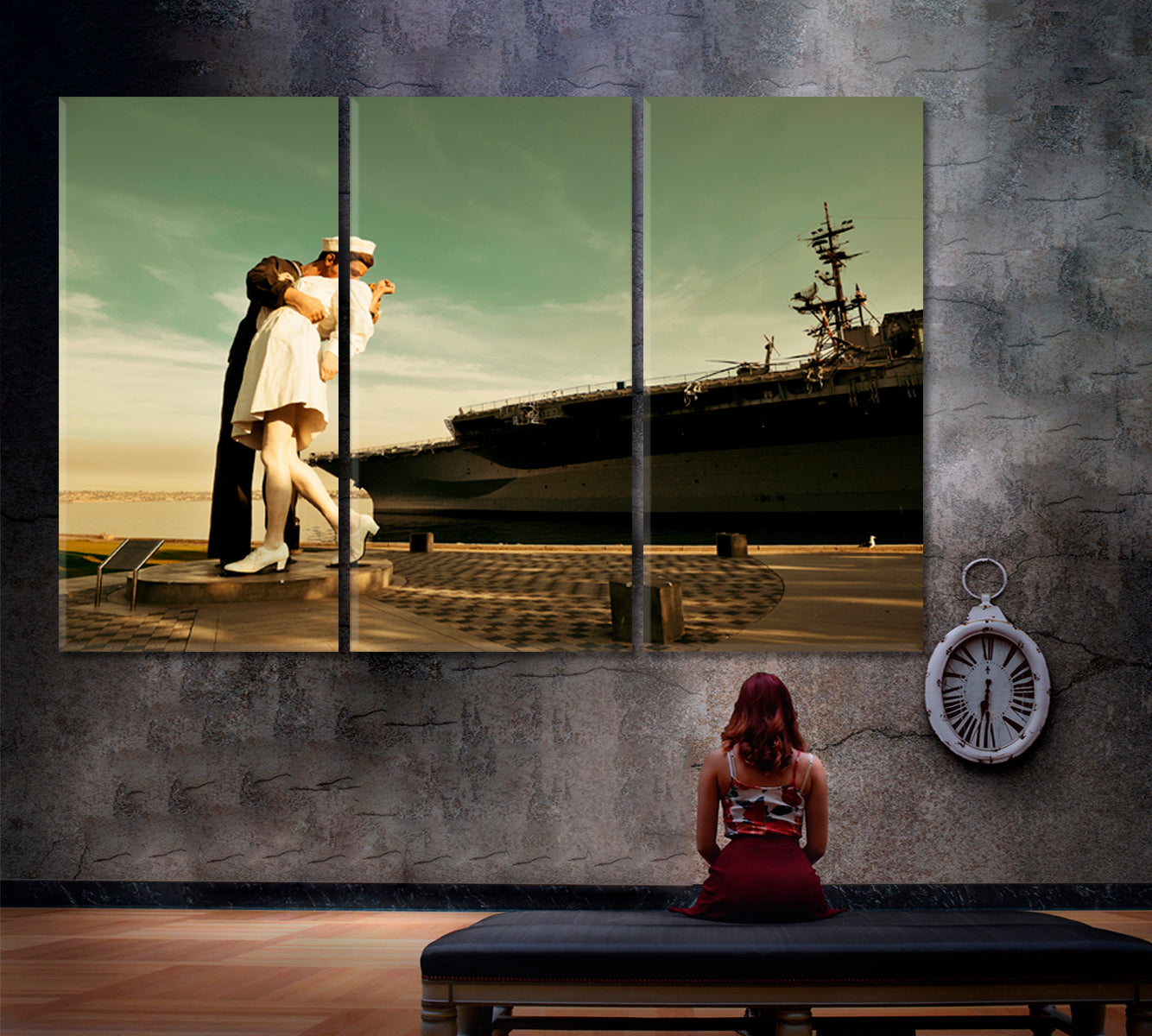 KISS V-J Day in Times Square: San Diego Unconditional Surrender Sculpture Seaport USA Attractions Canvas Print Famous Landmarks Artwork Print Artesty 3 panels 36" x 24" 