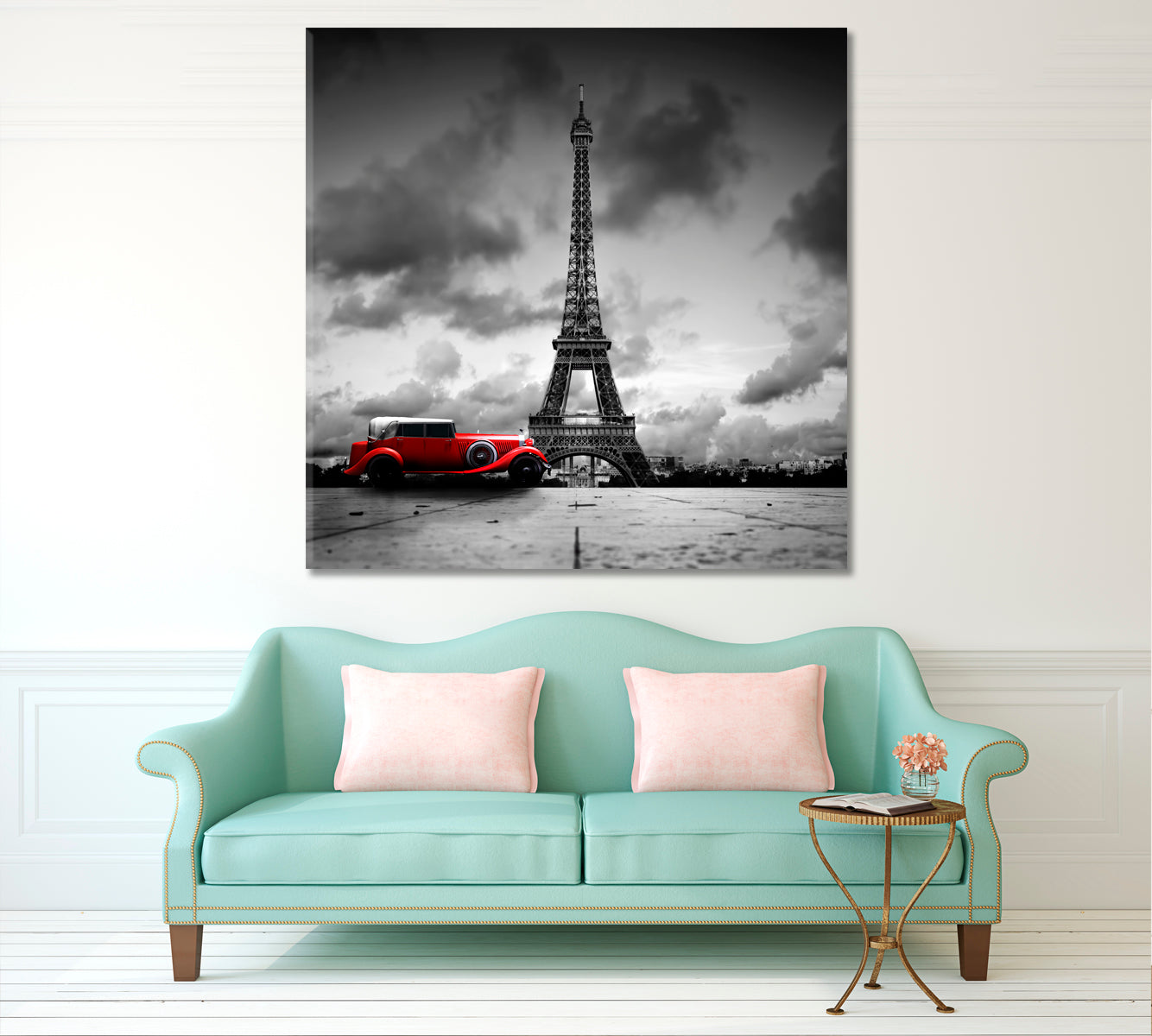 Eiffel Tower Paris France Red Retro Car Black and White Vintage Style Cities Wall Art Artesty   