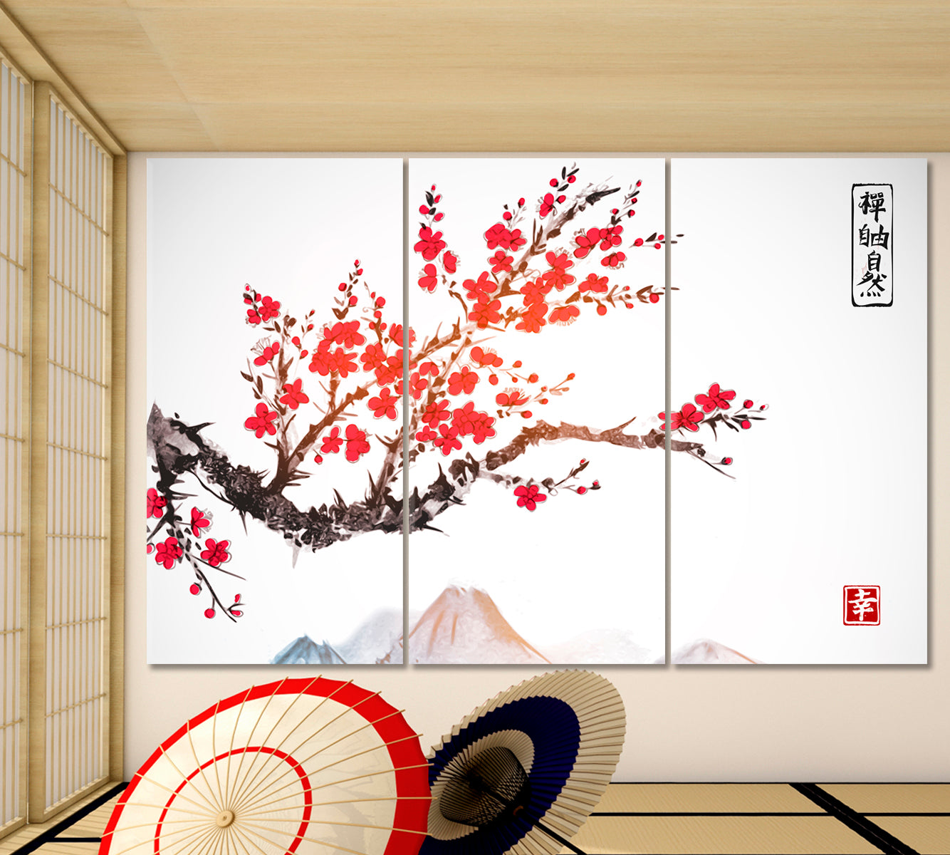 Oriental Style Mountains Sakura Japanese Cherry Bloom Trees Asian Style Canvas Print Wall Art Artesty 3 panels 36" x 24" 