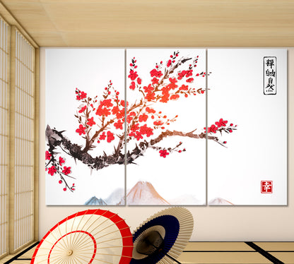 Oriental Style Mountains Sakura Japanese Cherry Bloom Trees Asian Style Canvas Print Wall Art Artesty 3 panels 36" x 24" 