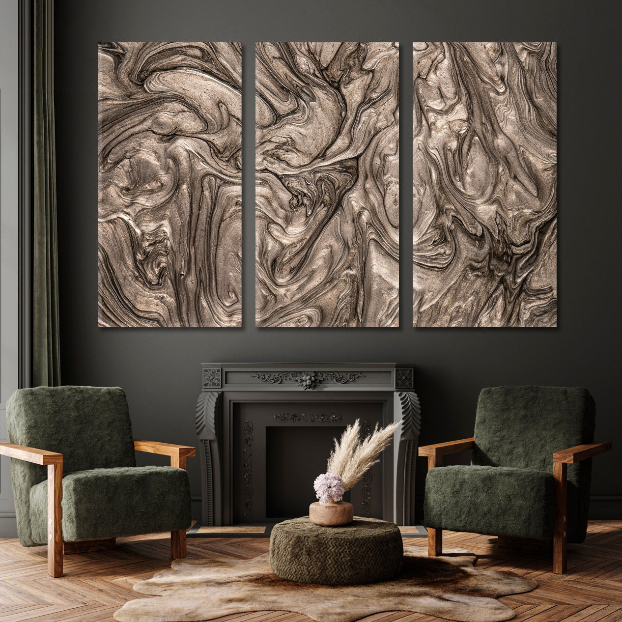 GREY BROWN WAVES | Abstract Swirls Trendy Style Canvas Print Fluid Art, Oriental Marbling Canvas Print Artesty 3 panels 36" x 24" 