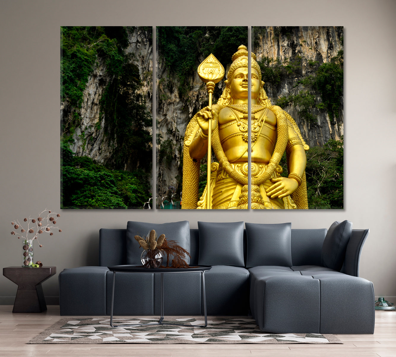 Golden Statue Lord Murugan Batu Caves Kuala Lumpur Malaysia Famous Landmarks Artwork Print Artesty 3 panels 36" x 24" 
