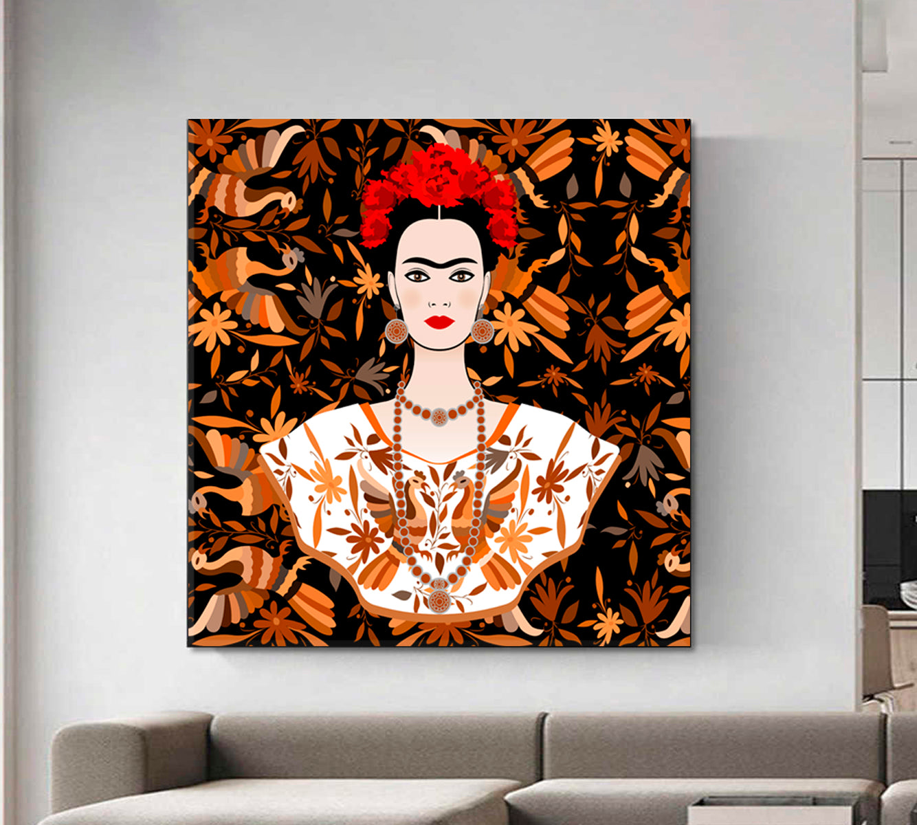 FRIDA KAHLO  Abstract Art Frida Ethnic Mexican Tapestry Flowers Peacocks - Square Panel Contemporary Art Artesty   