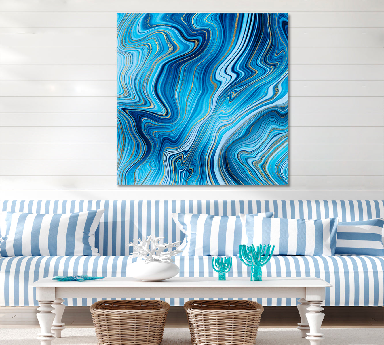 Creative Agate Artistic Marble Sky Blue & Gold Veins Canvas Print - Square Abstract Art Print Artesty   