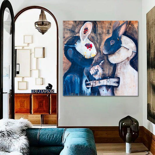 Pretending | Rabbit Masks Modern Psychedelic Abstract Art Grunge Graffiti Canvas Print - Square Street Art Canvas Print Artesty   