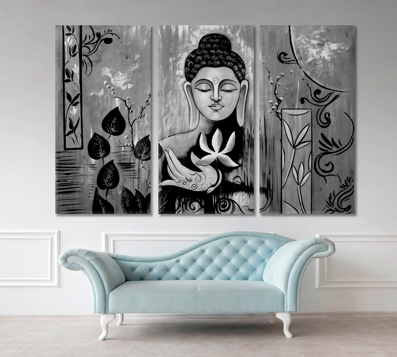 Spiritual Lord Buddha Meditate Black & White Religious Modern Art Artesty 3 panels 36" x 24" 