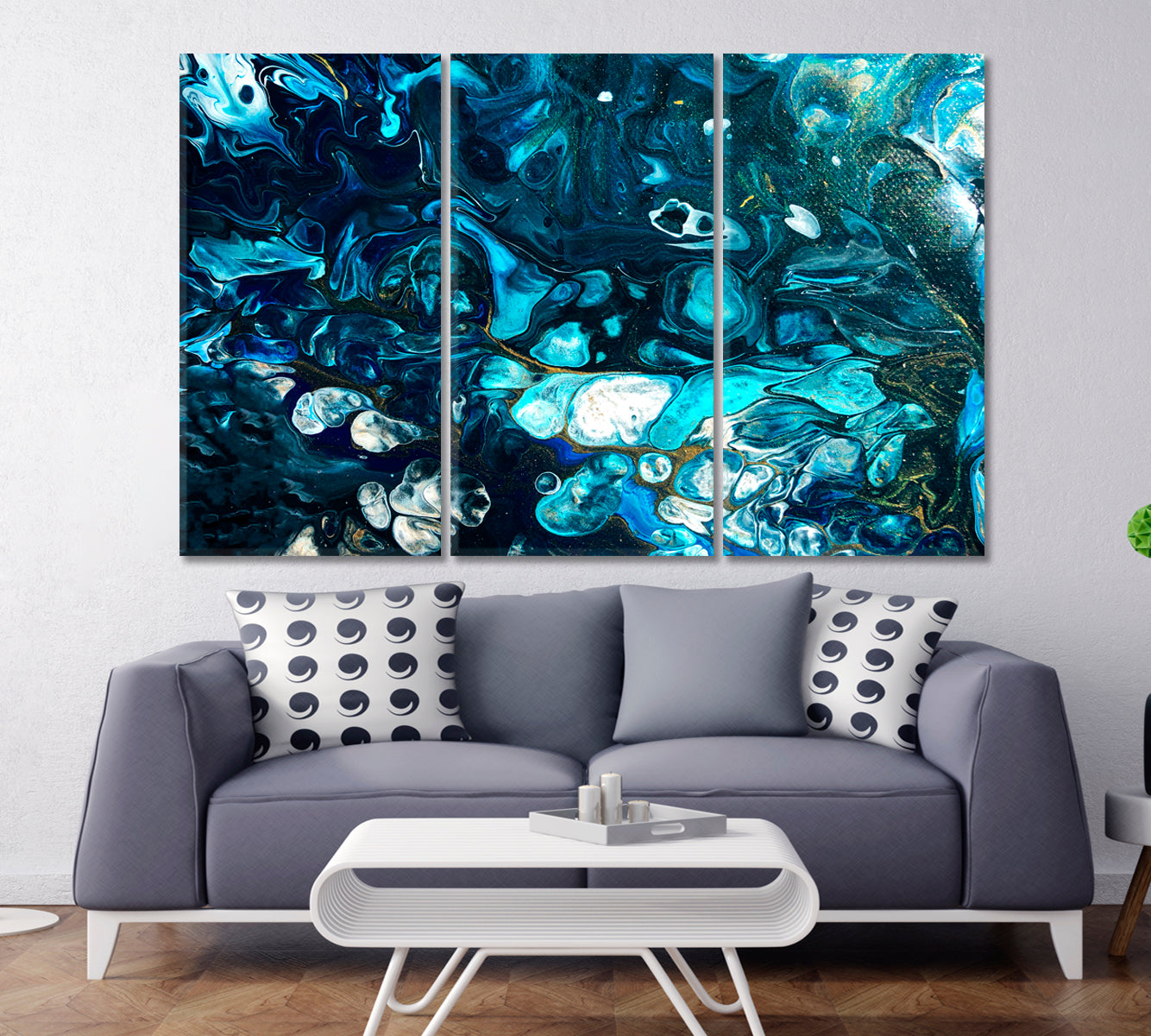 SPACE Abstract Dark Blue Waves Liquid Paint Marble Pattern Fluid Art, Oriental Marbling Canvas Print Artesty 3 panels 36" x 24" 