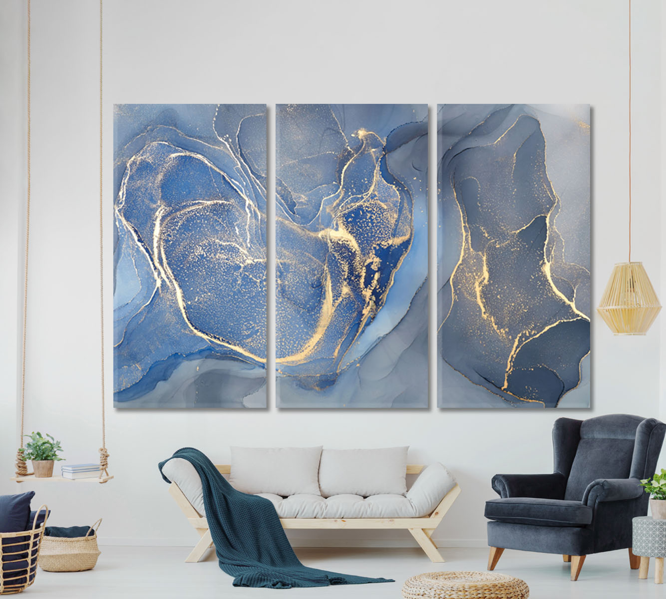 Light Blue Abstract Colorful Modern Art Marble Ink Colors Fluid Art, Oriental Marbling Canvas Print Artesty 3 panels 36" x 24" 