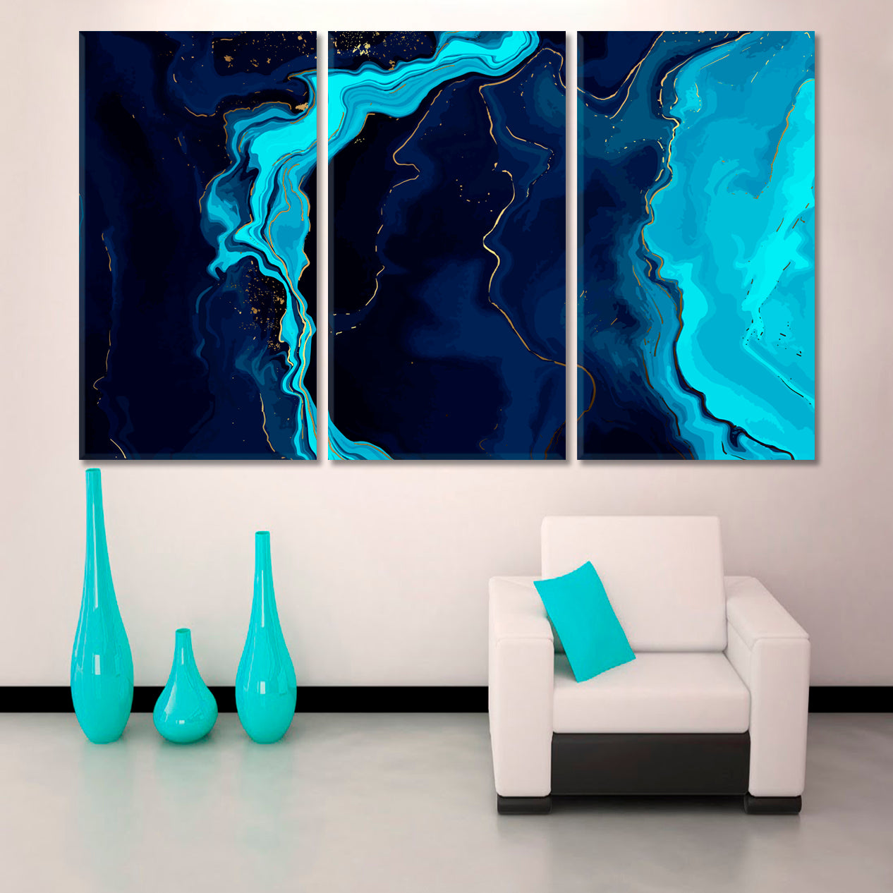 NAVY BLUE MARBLE Turquoise Ocean Trendy Modern Abstract Canvas Print Fluid Art, Oriental Marbling Canvas Print Artesty 3 panels 36" x 24" 