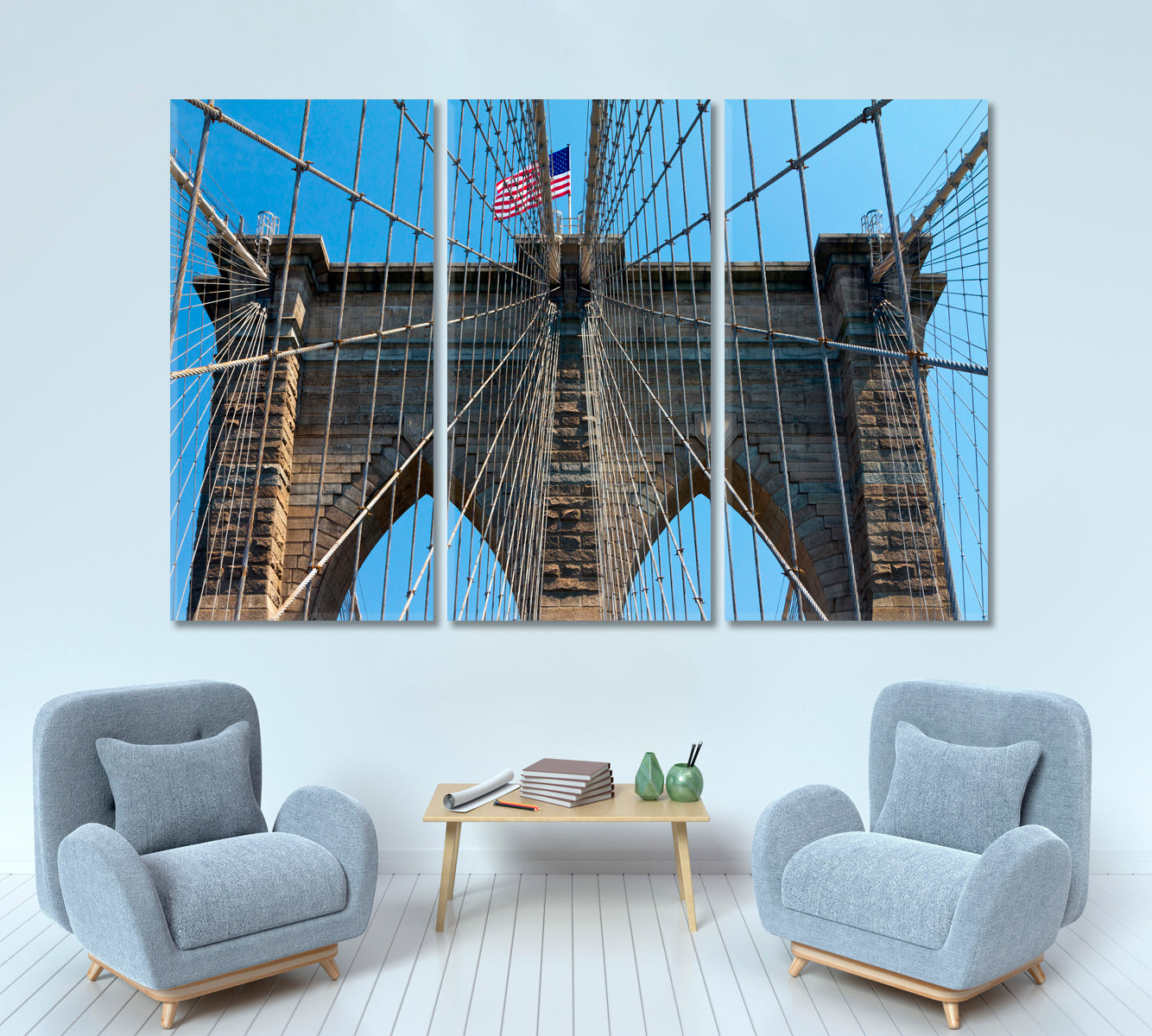 Brooklyn Bridge American Flag New York City US Canvas Print Famous Landmarks Artwork Print Artesty 3 panels 36" x 24" 