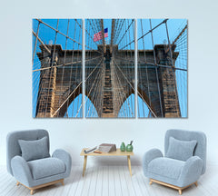 Brooklyn Bridge American Flag New York City US Canvas Print Famous Landmarks Artwork Print Artesty 3 panels 36" x 24" 