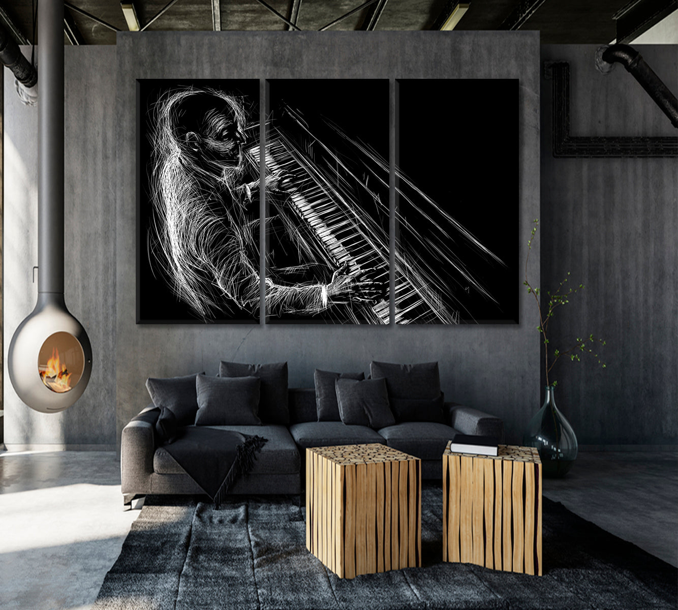 PIANO BLUES Pianist Grunge Style B & W Modern Abstract Music Wall Panels Artesty 3 panels 36" x 24" 