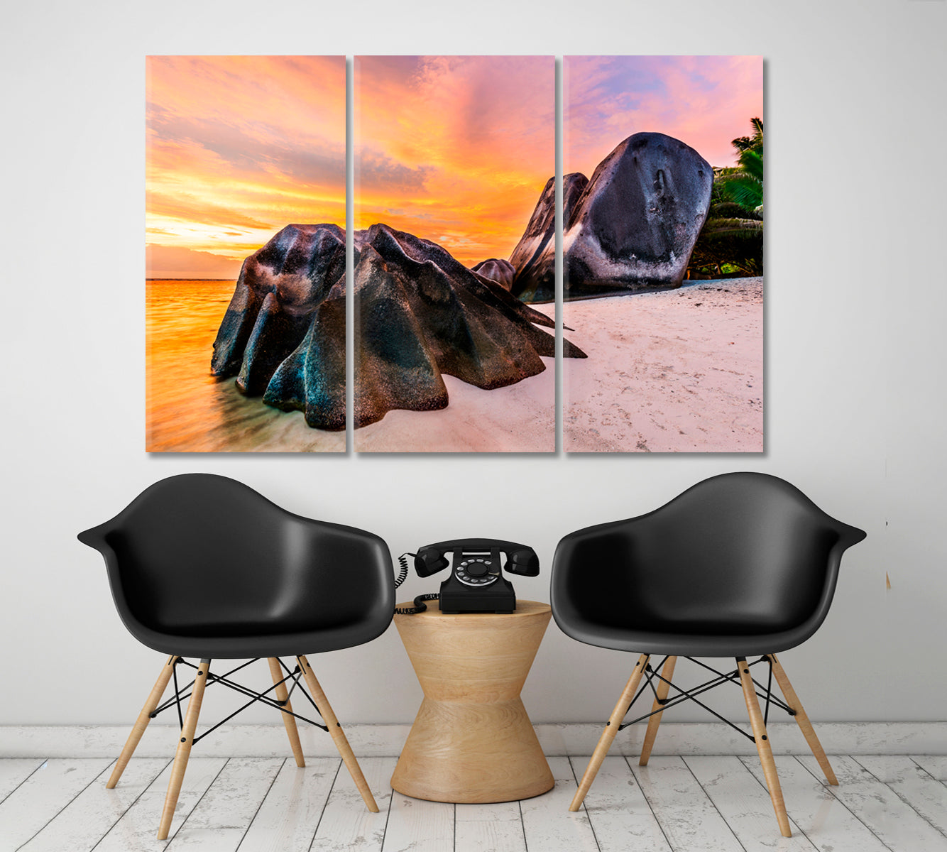 SEYCHELLES ISLAND Shaped Granite Boulders Sunset White Beach Scenery Landscape Fine Art Print Artesty 3 panels 36" x 24" 