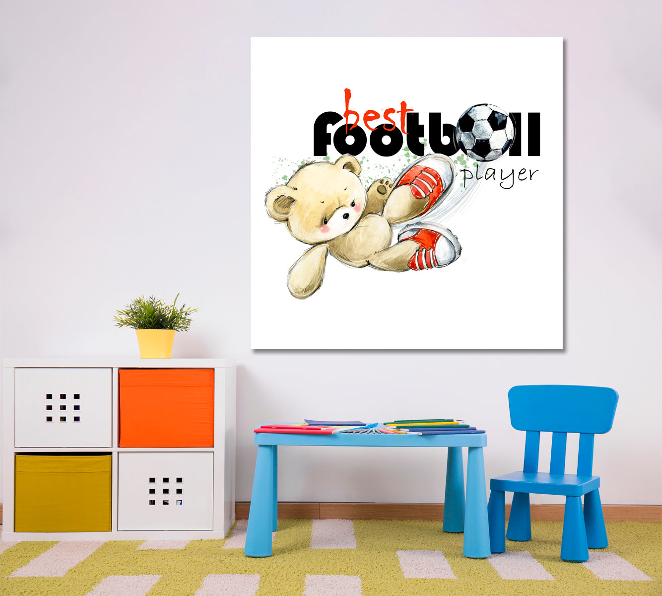 Cute Teddy Bear Soccer Player Football Sweet Kids Baby Nursery Room Canvas Print | Square Panel Kids Room Canvas Art Print Artesty   