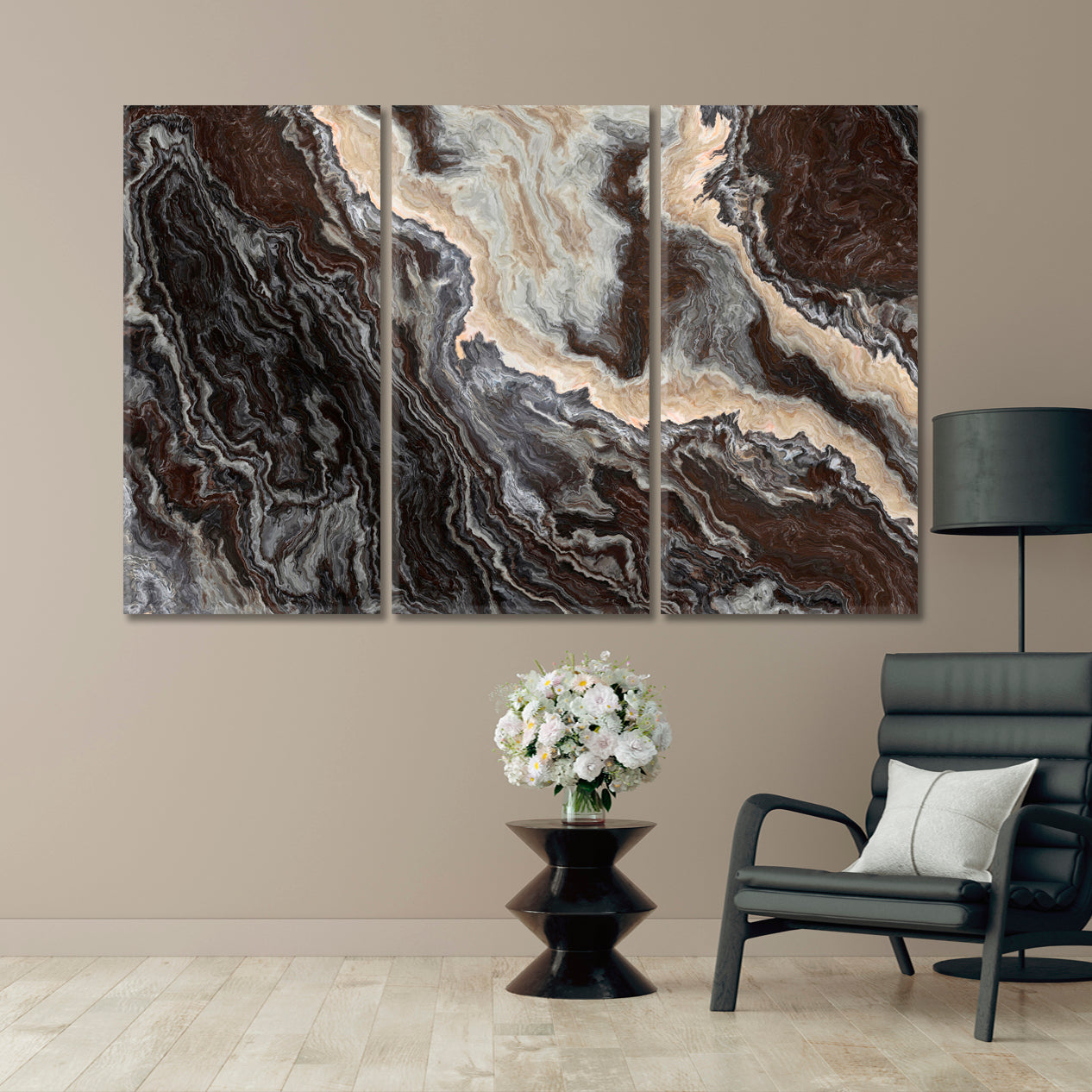 MARBLE Pattern Curly Grey Black Brown Veins Abstract Abstract Art Print Artesty 3 panels 36" x 24" 
