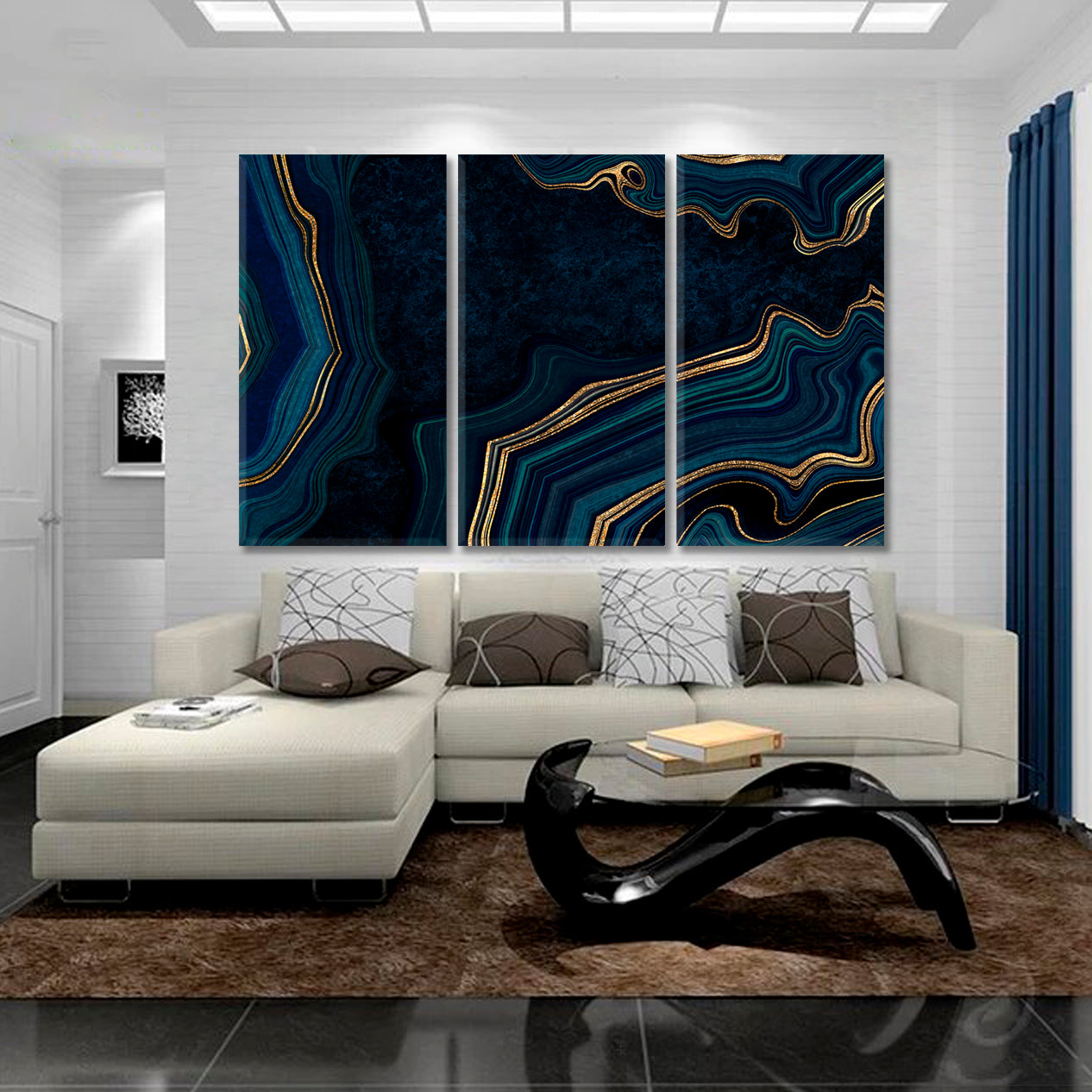 Abstract Luxurious Dark Agate Golden Veins Marble Artistic Design Fluid Art, Oriental Marbling Canvas Print Artesty 3 panels 36" x 24" 