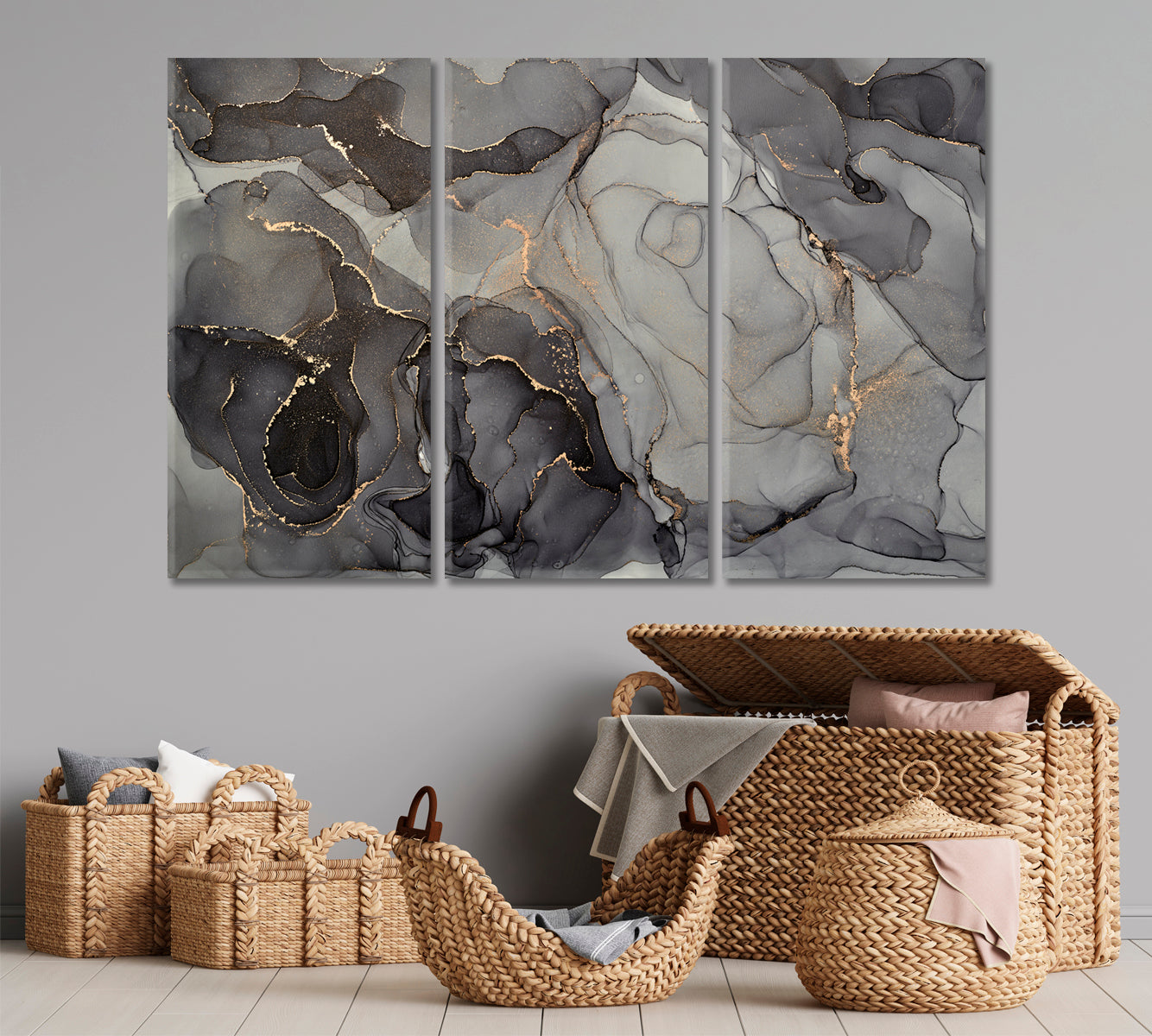 Black Gray Marble Alcohol Ink Stains Translucent Waves Fluid Art, Oriental Marbling Canvas Print Artesty 3 panels 36" x 24" 