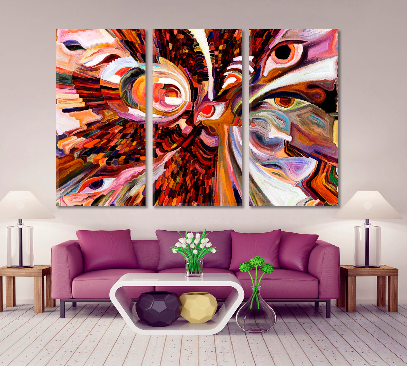 Colors of the World. Eye Symbols with Mosaic Patterns Abstract Art Print Artesty 3 panels 36" x 24" 