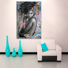 HAIRSTYLE African Beautiful Women Abstract Drip Art Graffiti Style - Vertical Contemporary Art Artesty 1 Panel 16"x24" 
