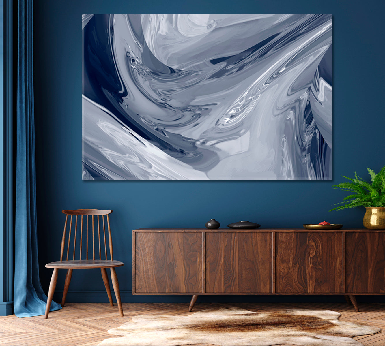 Beautiful Gray Liquid Abstract Chrome Metallic Effect Poster Fluid Art, Oriental Marbling Canvas Print Artesty   