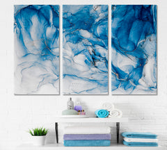 Liquid Fantasy Blue White Sky Tone Water Ink Spot Aquamarine Stains Fluid Art, Oriental Marbling Canvas Print Artesty 3 panels 36" x 24" 