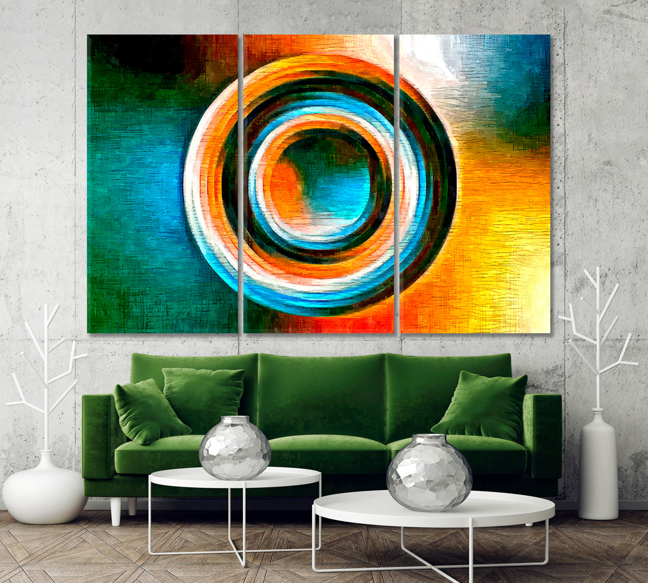 Colored Circle Focal Point Turquoise Orange Geometric Shape Modernism Abstract Art Print Artesty 3 panels 36" x 24" 