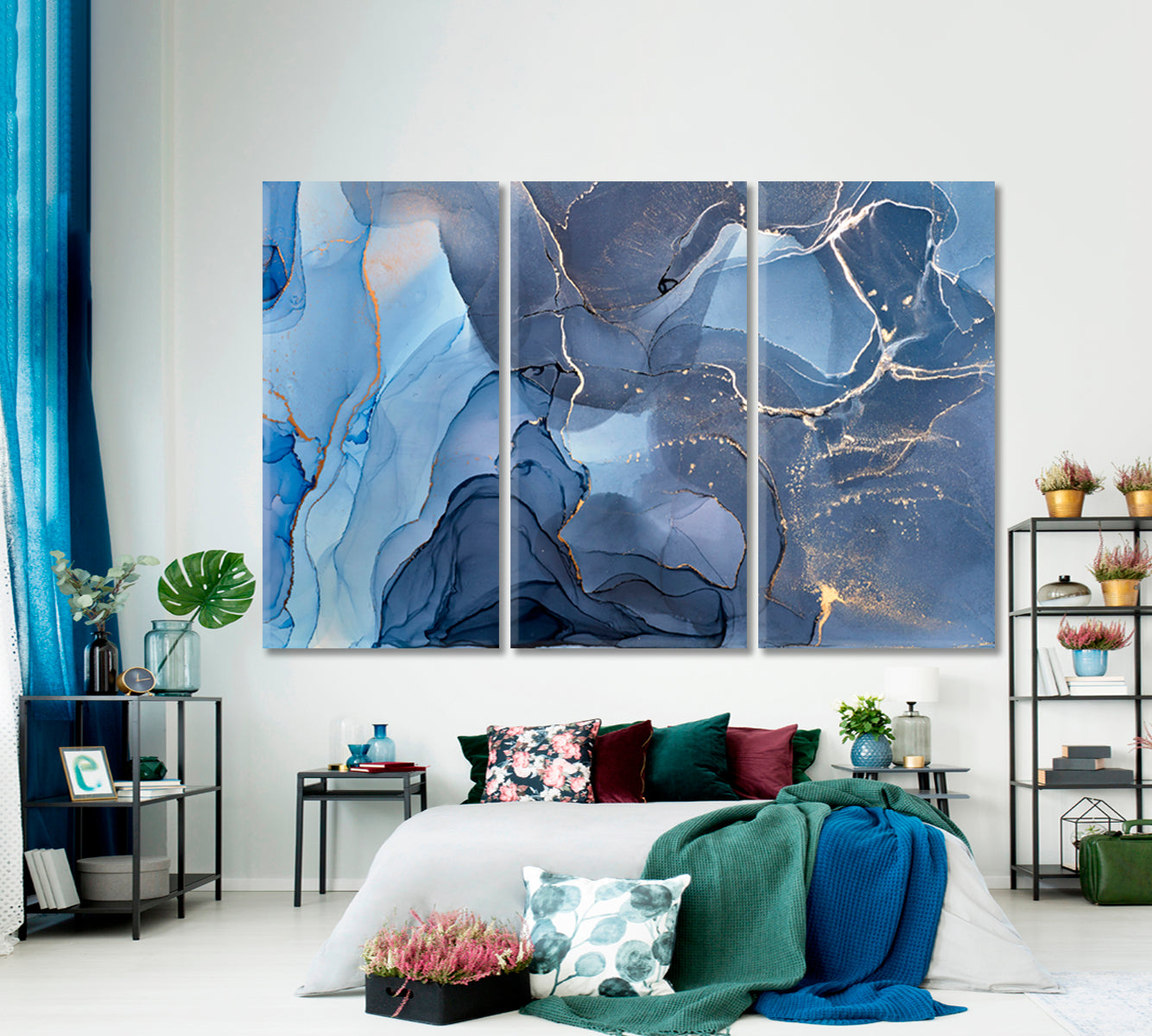 Soft Blue Alcohol Ink Colors Translucent Modern Marble Fluid Art, Oriental Marbling Canvas Print Artesty 3 panels 36" x 24" 