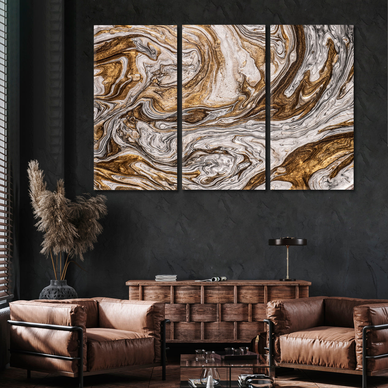 BROWN GREY Effect of Gold and Silver Powder Abstract Marble Oriental Fluid Art Canvas Print Fluid Art, Oriental Marbling Canvas Print Artesty 3 panels 36" x 24" 