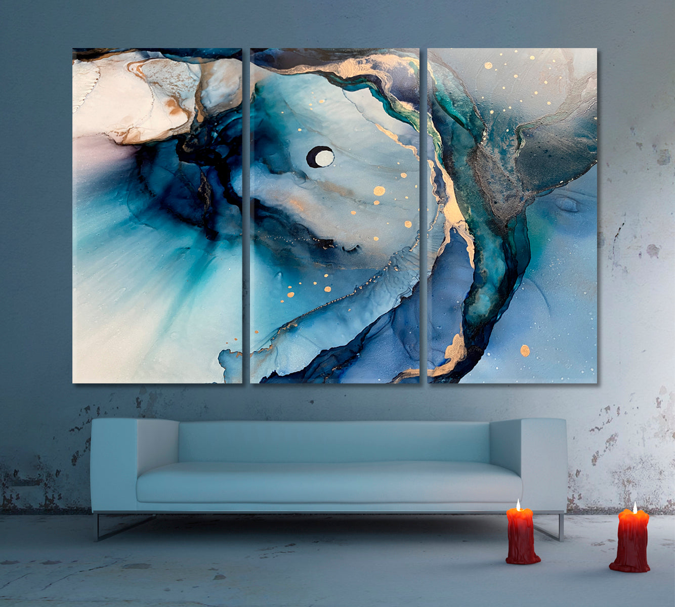 Abstract Marble Fluid Art Blue Veining Sparkling Gold Pigment Fluid Art, Oriental Marbling Canvas Print Artesty 3 panels 36" x 24" 