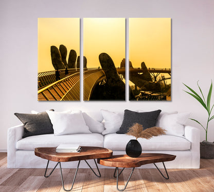 Golden Bridge Lifted by Two Giant Hands Ba Na mountain Hill in Danang Vietnam Famous Landmarks Artwork Print Artesty 3 panels 36" x 24" 