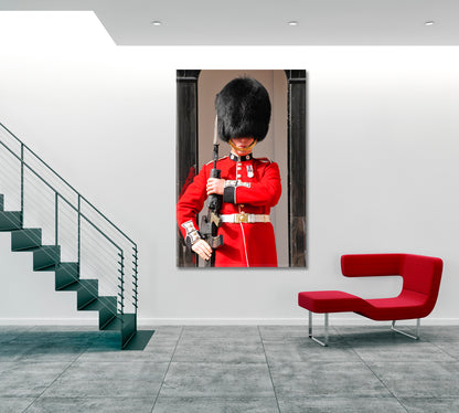 LONDON ENGLAND Soldier Official Royal Residences Queen's Guard Tower Canvas Print - Vertical panel Traveling Around Ink Canvas Print Artesty   