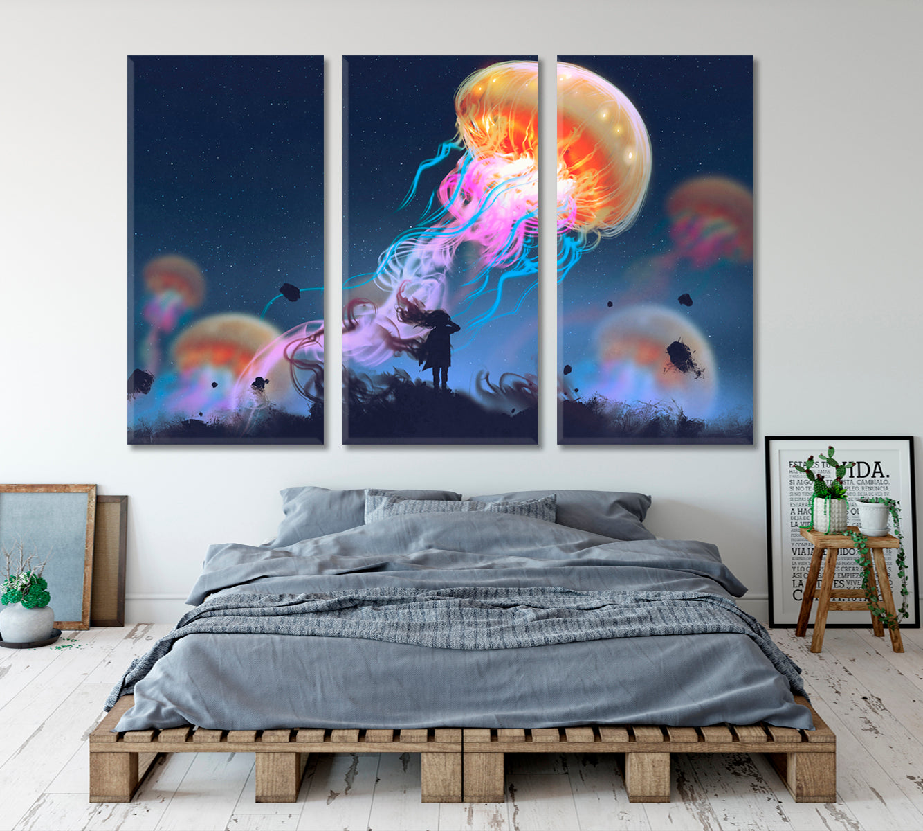 Giant Jellyfish Floating in Sky And Girl Surreal Painting Surreal Fantasy Large Art Print Décor Artesty 3 panels 36" x 24" 