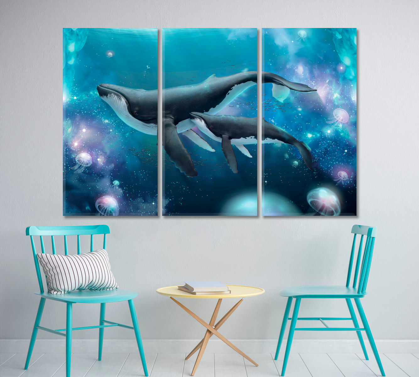 Whale Family Jellyfishes Ocean Underwater Sealife Watercolor Painting Nautical, Sea Life Pattern Art Artesty 3 panels 36" x 24" 