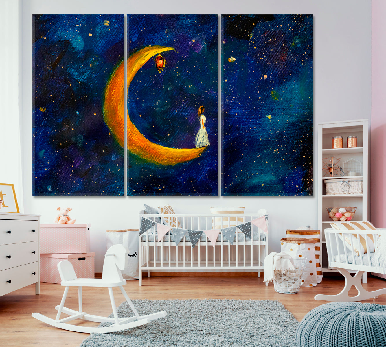 Girl on Big Moon Space Fabulous World Modern Art Impressionism Abstract Landscape Canvas Print Fine Art Artesty 3 panels 36" x 24" 