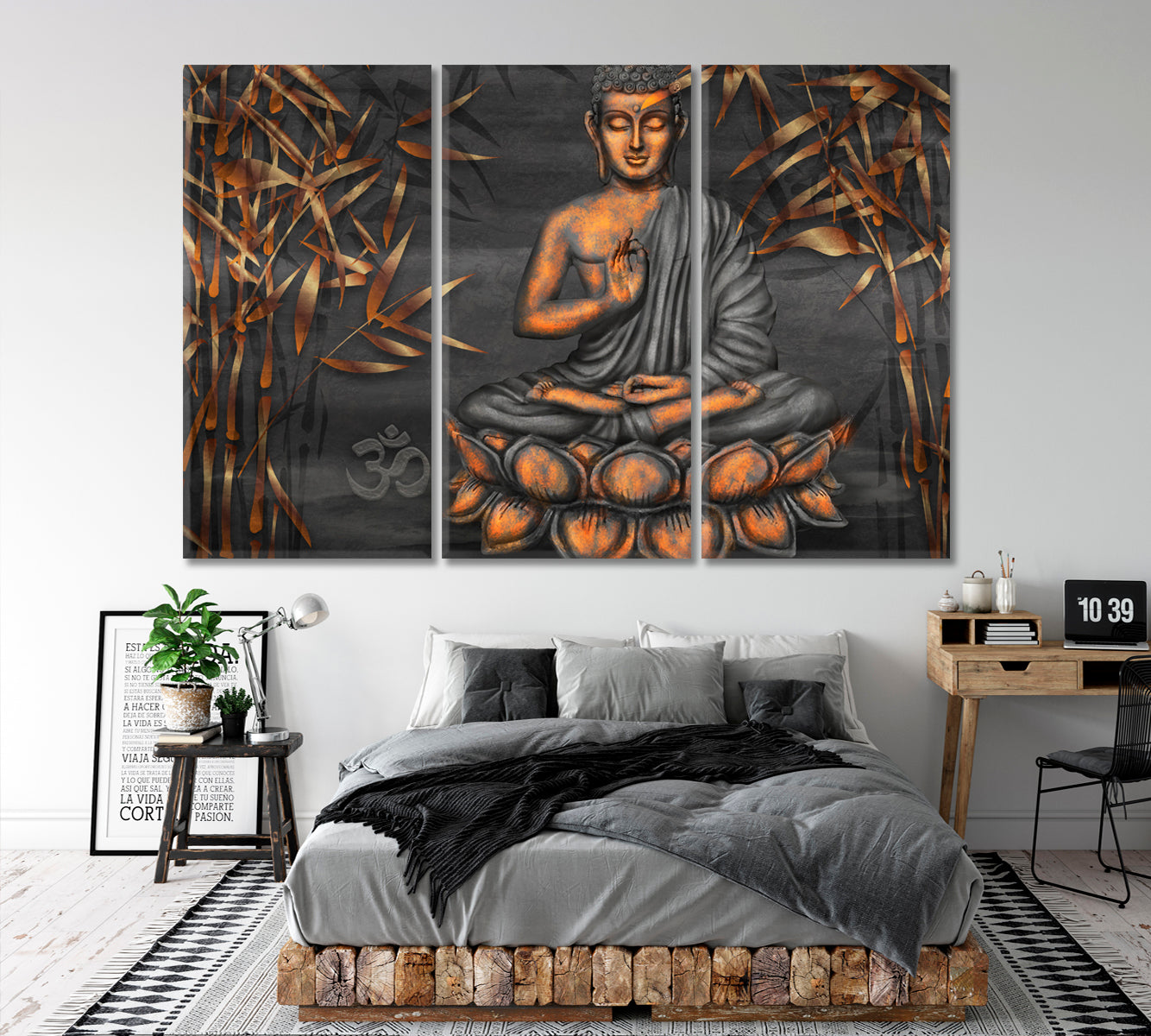 Golden Buddha Lotus Pose Om Symbol Bamboo Religious Modern Art Artesty 3 panels 36" x 24" 