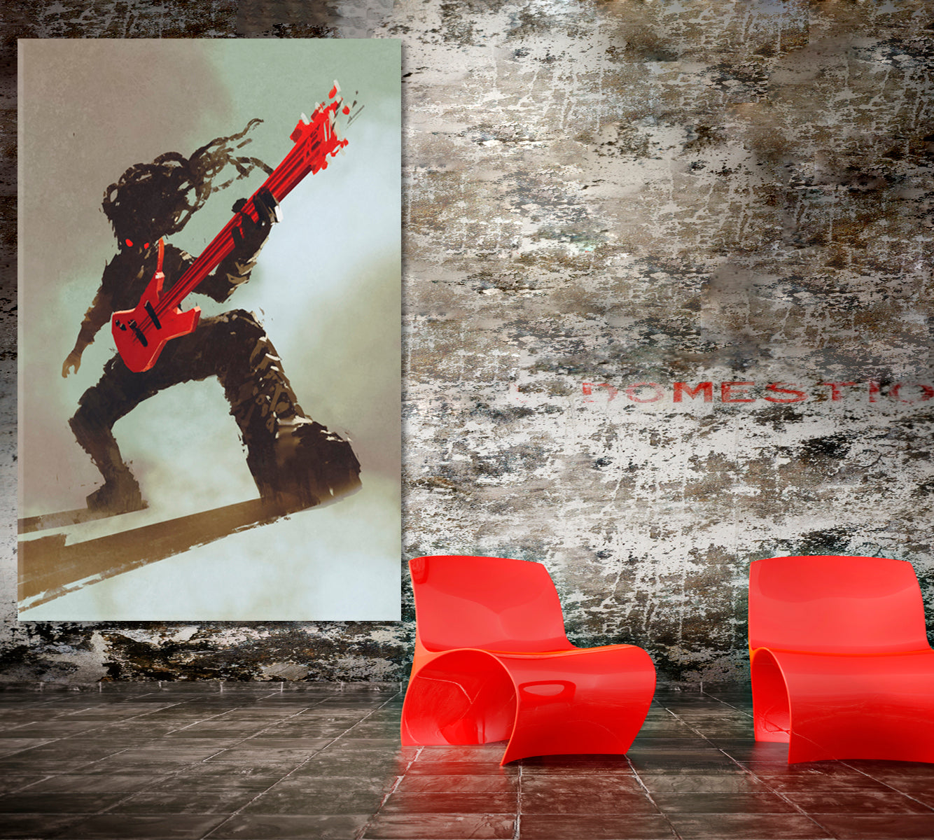 Rock & Roll Rocker Guitarist Playing Red Guitar, Music Canvas Print  - Vertical Music Wall Panels Artesty   